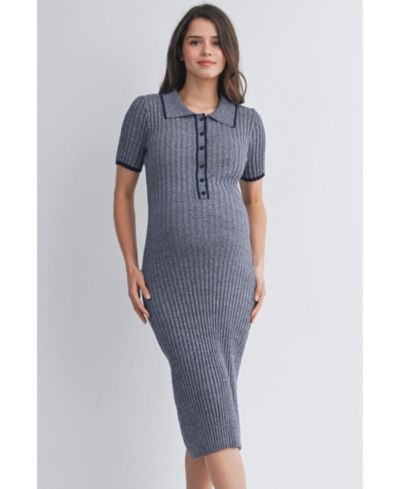 Hello Miz Women's Maternity Collared Ribbed Knit Midi Dress with Button-Front Nursing Access