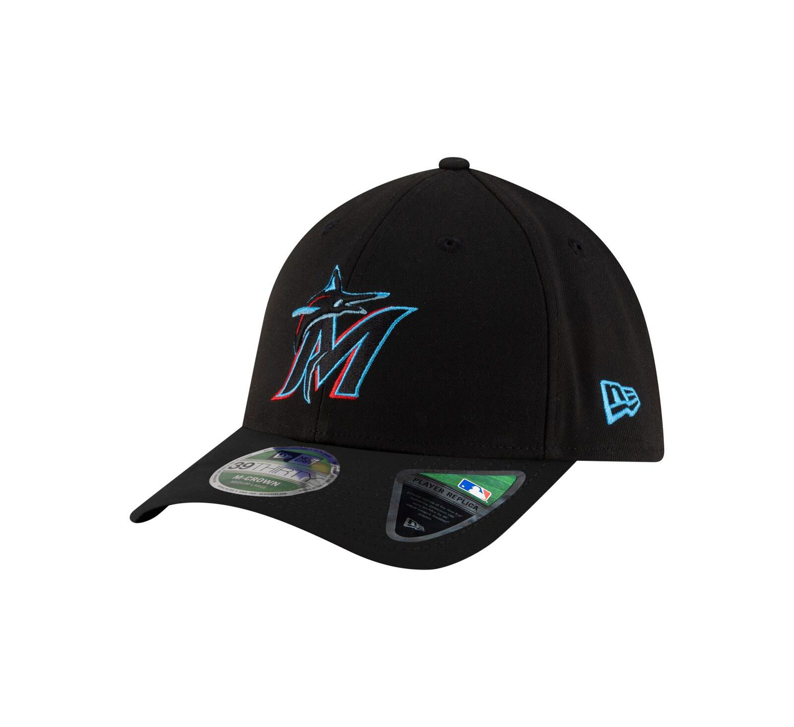 New Era Men's Black Miami Marlins Player Replica 39THIRTY M-Crown Flex Hat