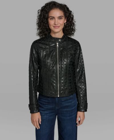 KARL LAGERFELD PARIS Women's Faux Leather Eyelet Zip Front Jacket