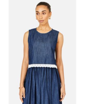 Yumi Women's Cotton Chambray Lace Trim Top