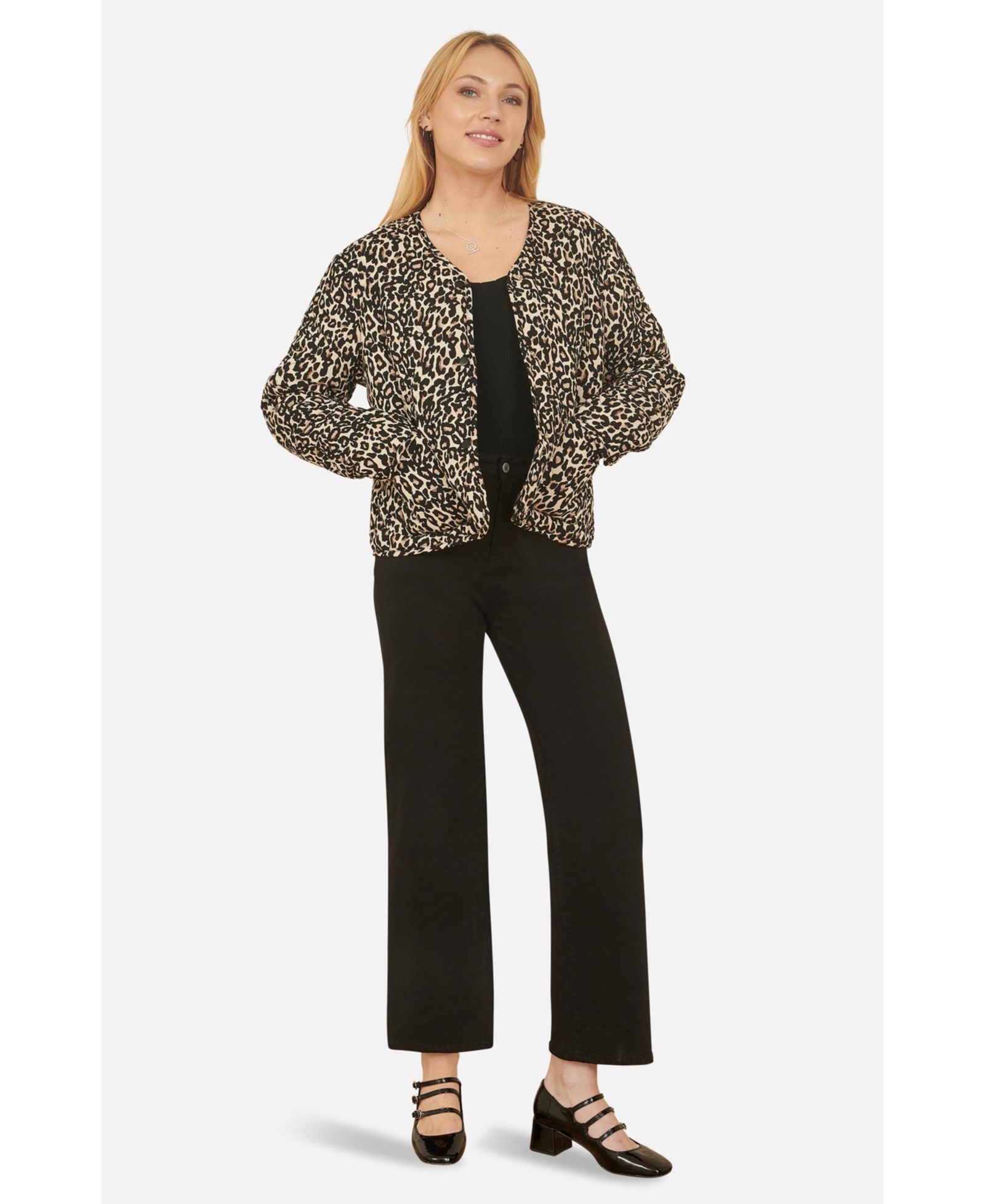 Yumi Women's Leopard Print Round Neck Boxy Jacket
