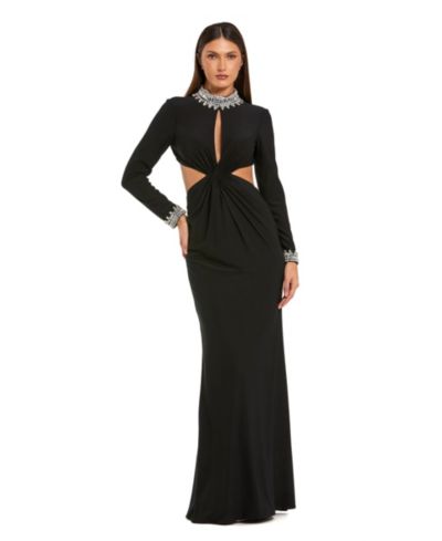 Женское вечернее платье Mac Duggal Embellished Jersey Long Sleeve Cut Out Evening Gown