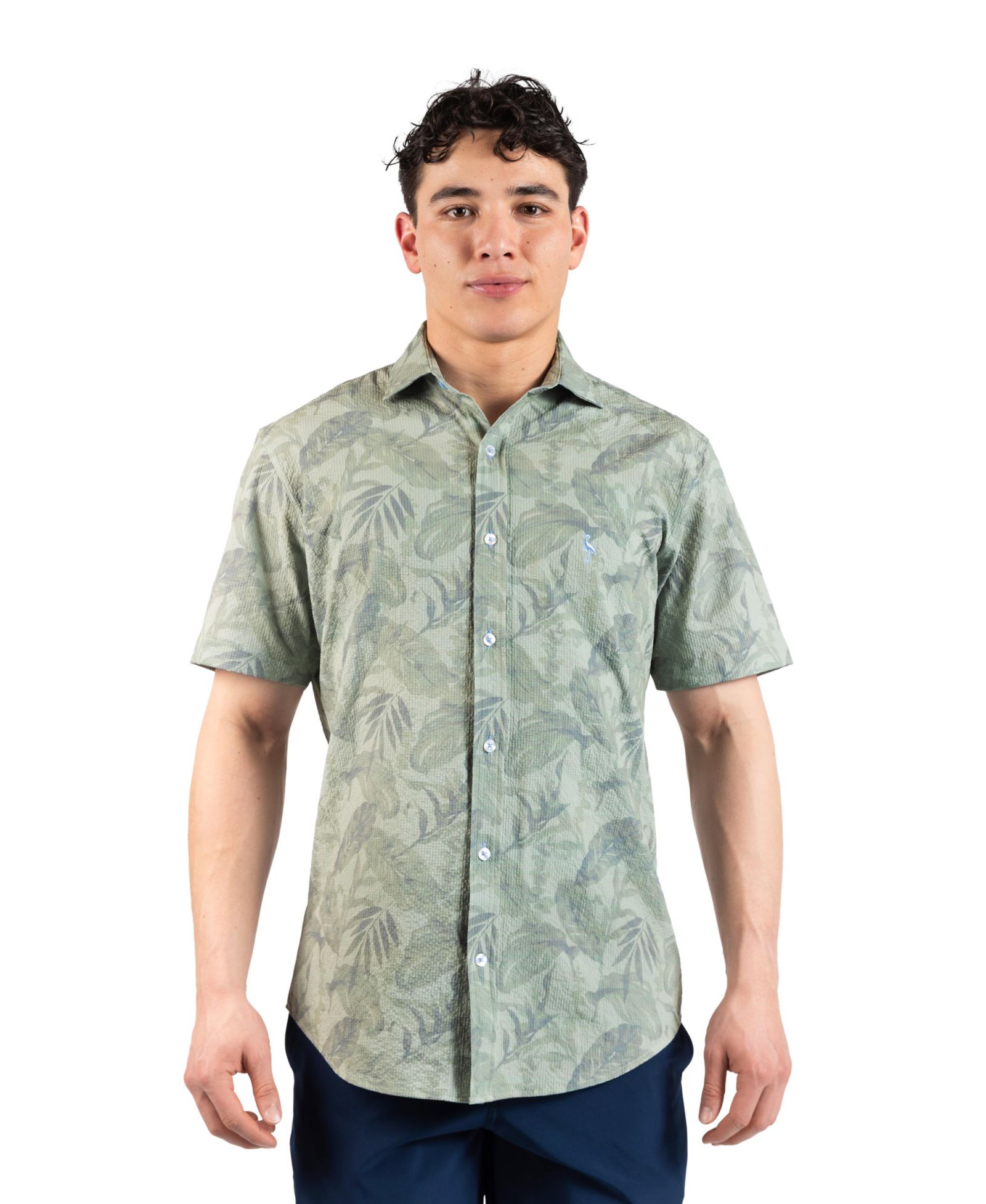 Tailorbyrd Men's Tropical Leaves Printed Seersucker Short Sleeve Shirt