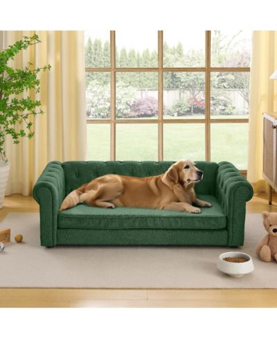 6thdruple Oversized Beige Linen Dog Sofa, Modern Elevated Pet Bed for Large Breeds