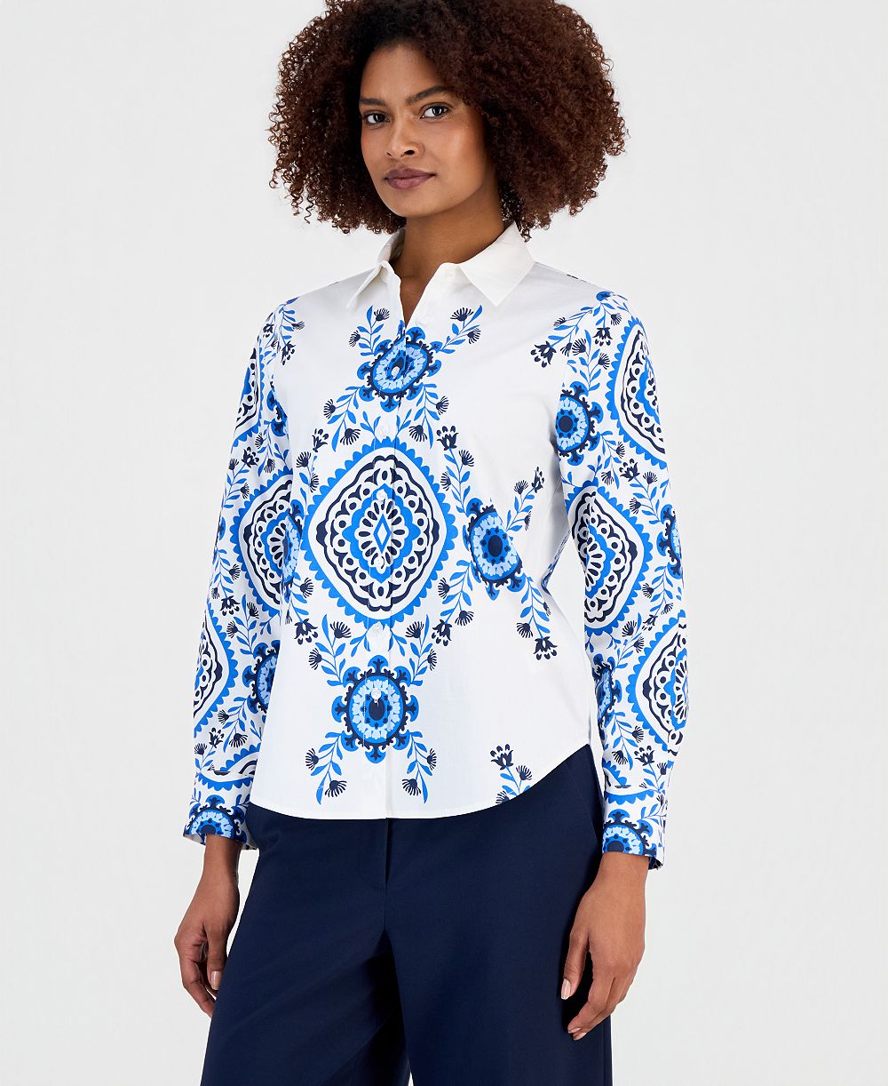 T Tahari Women's Printed Button-Front Long-Sleeve Shirt