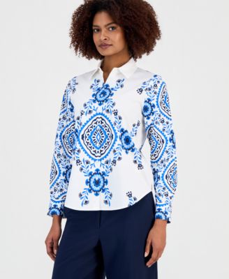 T Tahari Women's Printed Button-Front Long-Sleeve Shirt