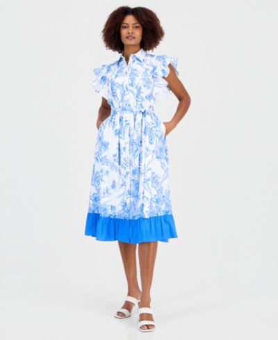 T Tahari Women's Flutter-Sleeve Ruffled-Hem Shirt Dress