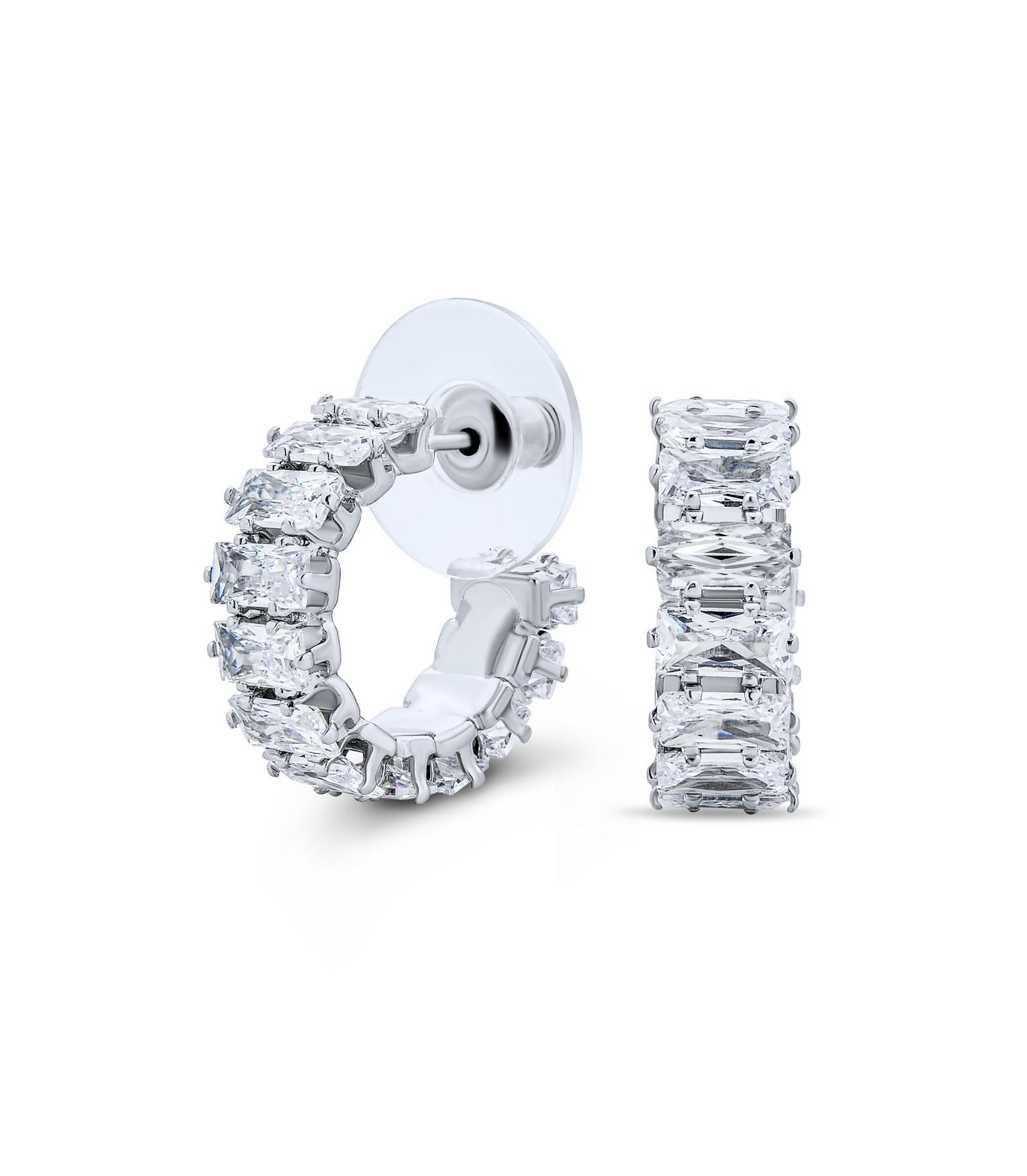 Bling Jewelry Classic Timeless Emerald Cut CZ Cubic Zirconia Huggie Mini Hoop Earrings 0.5 Inch Dia