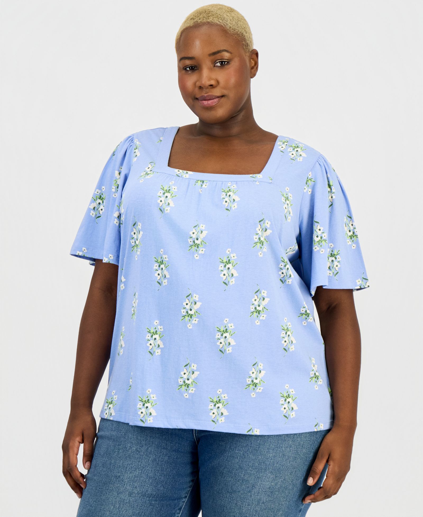 Style & Co Plus Size Short Flutter-Sleeve Square-Neck Knit Top, Macy's Exclusive
