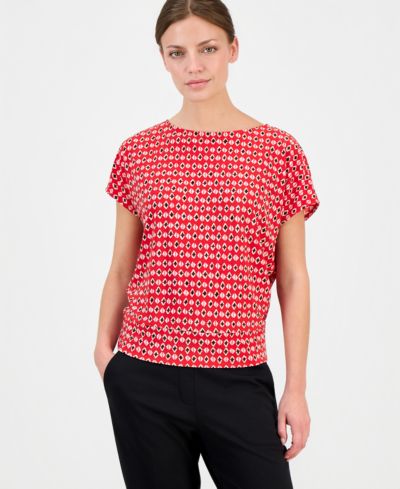 Anne Klein Essentials Petite Printed Boat-Neck Top