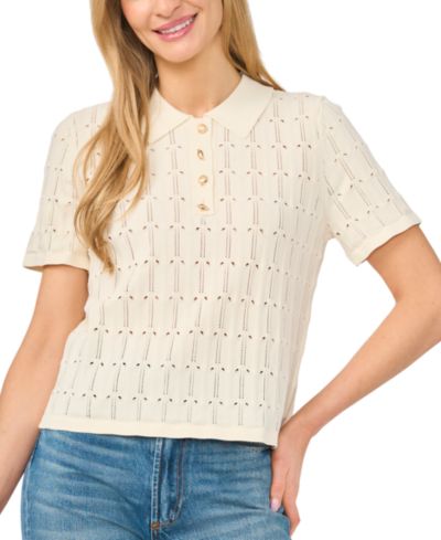 CeCe Women's Pointelle Short-Sleeve Collared Sweater