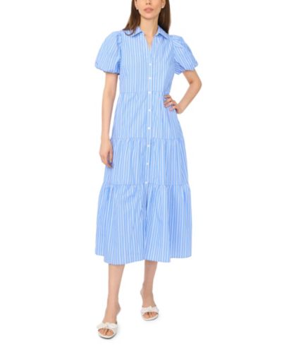 CeCe Women's Short-Sleeve Collared Midi Tiered Cotton Shirt-Dress