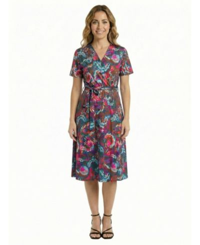 24seven Comfort Apparel Petite Paisley Print Short-Sleeve Tie Waist Dress