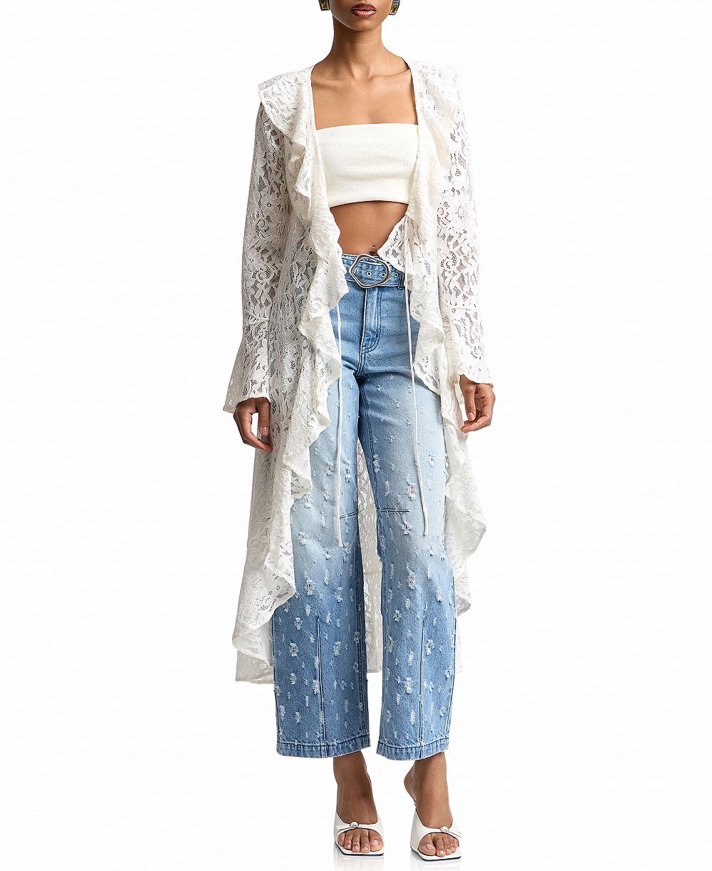 Avec Les Filles Women's Ruffle Tie-Front Lace Topper
