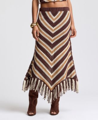 Avec Les Filles Women's Striped-Crochet Midi Skirt with Fringe