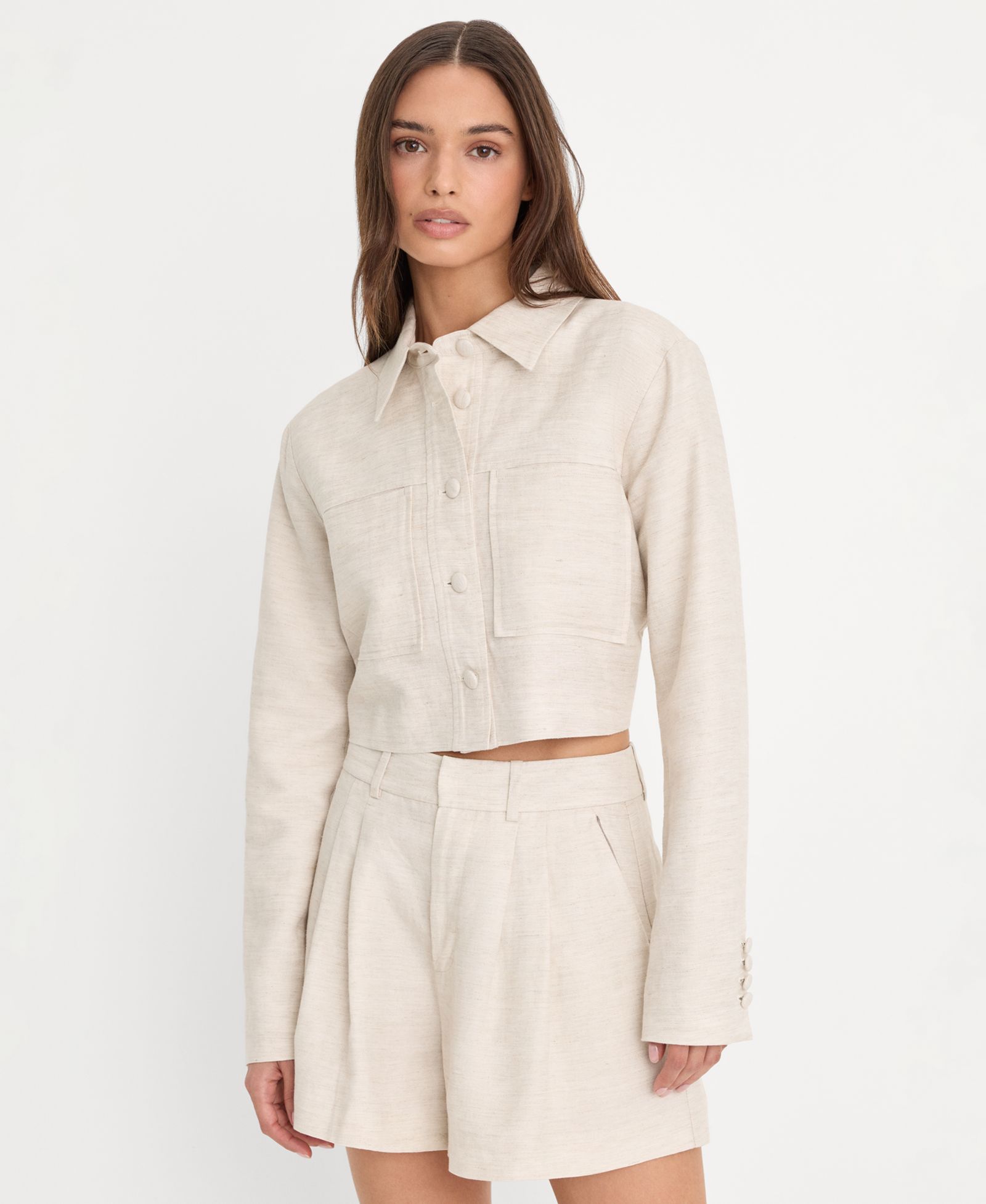 Good American Women's Linen Button-Front Cropped Jacket