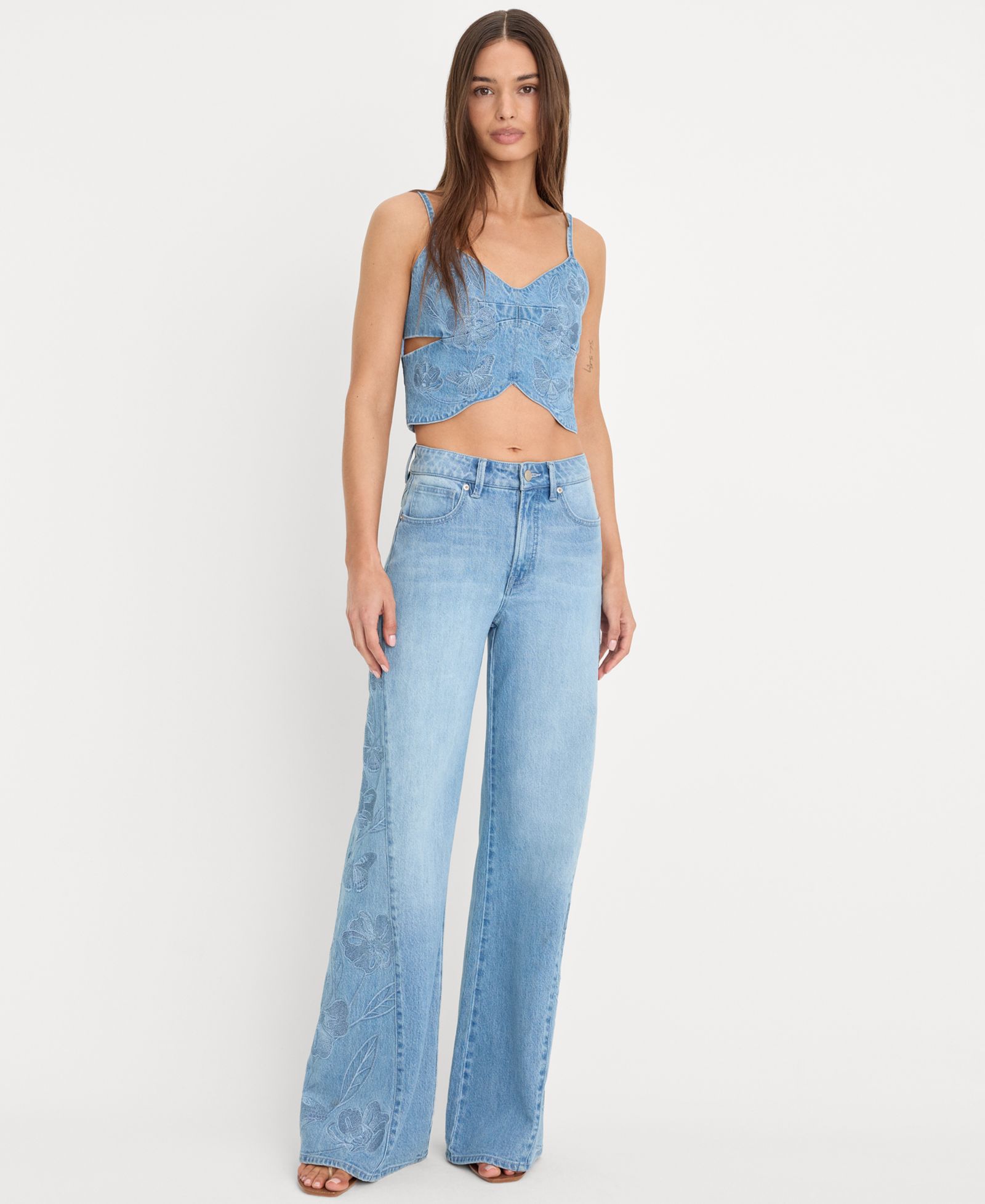 Good American Women's Dolly Joleans High-Rise Wide-Leg Embroidered Jeans