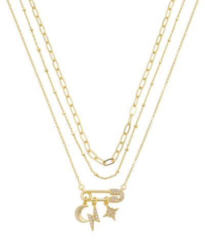 Unwritten Cubic Zirconia Safety Pin Celestial Pendant Trio Necklace Set