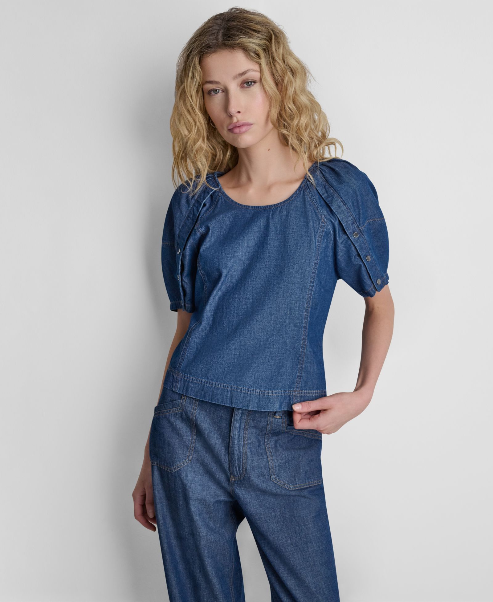 DKNY Women's Scoop Neck Puff-Sleeve Top