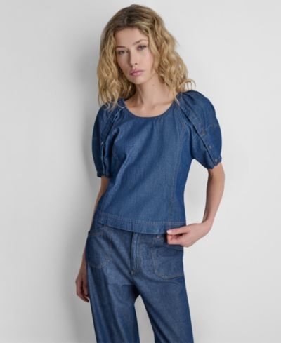 DKNY Women's Scoop Neck Puff-Sleeve Top