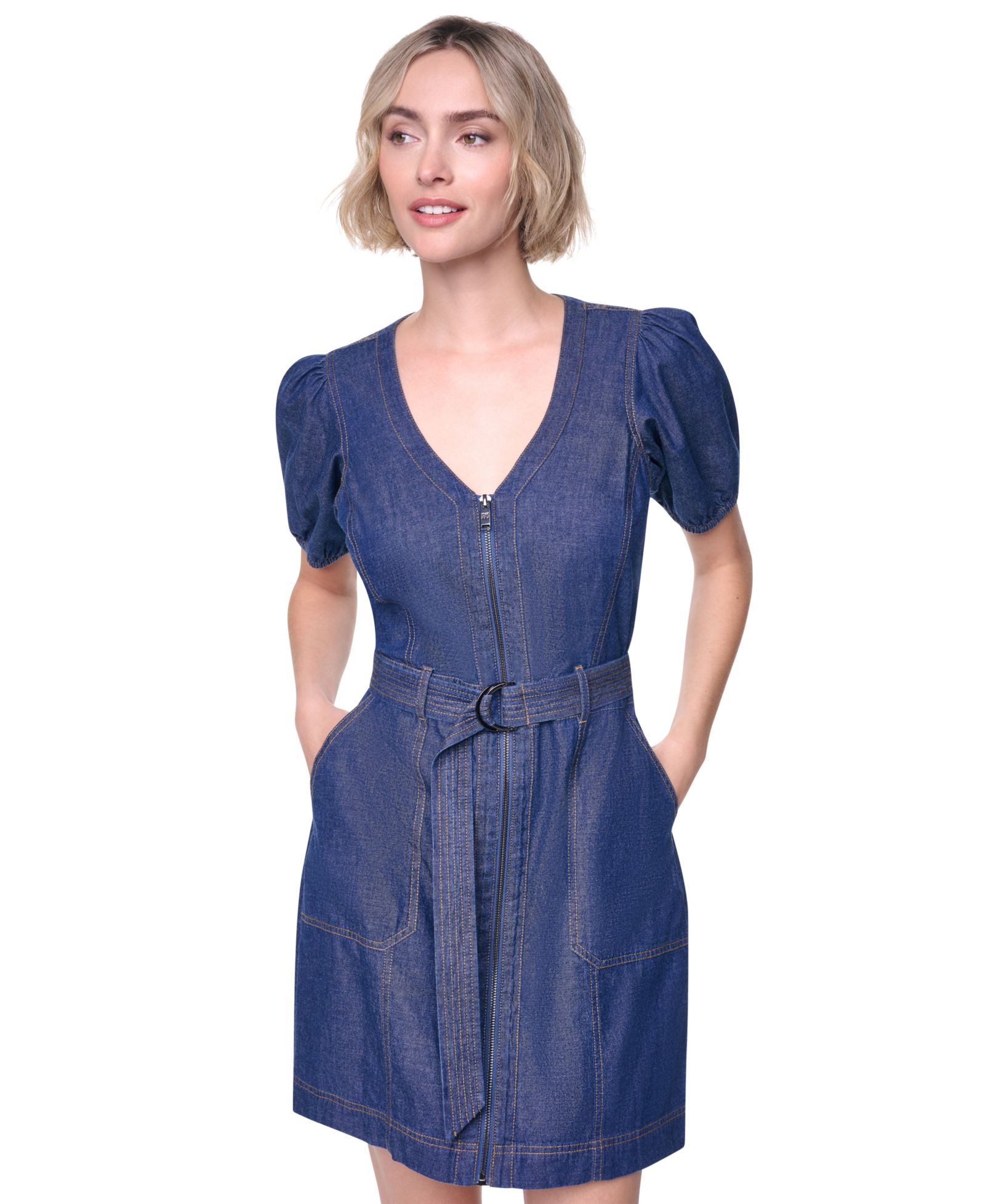 Женское платье DKNY Puff-Sleeve Belted V-Neck