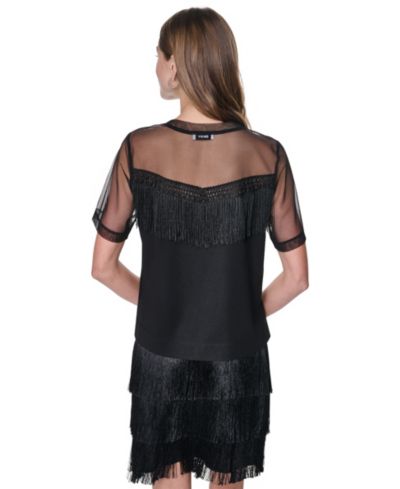 DKNY Women's Fringe Detail Crewneck Top
