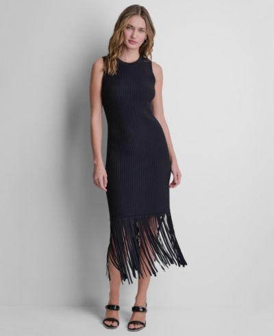 Женское трикотажное платье DKNY с бахромой и без рукавов