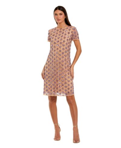 Mac Duggal Women's Mesh Beaded Cap Sleeve A Line Above Knee Dress