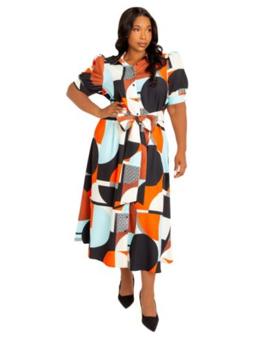 Buxom Couture Women's Plus Size Geometric Print Puff Sleeve Shirtdress with Tie Waist Detail