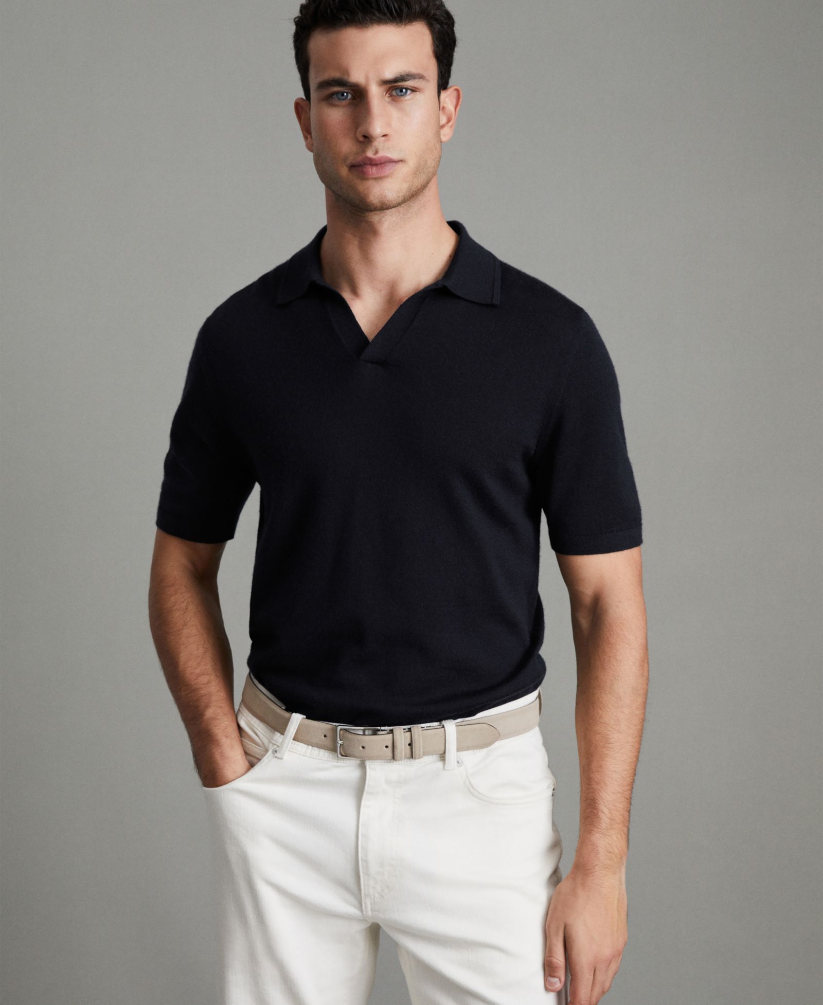 REISS Men's Duchie Merino Wool Open Collar Polo Shirt