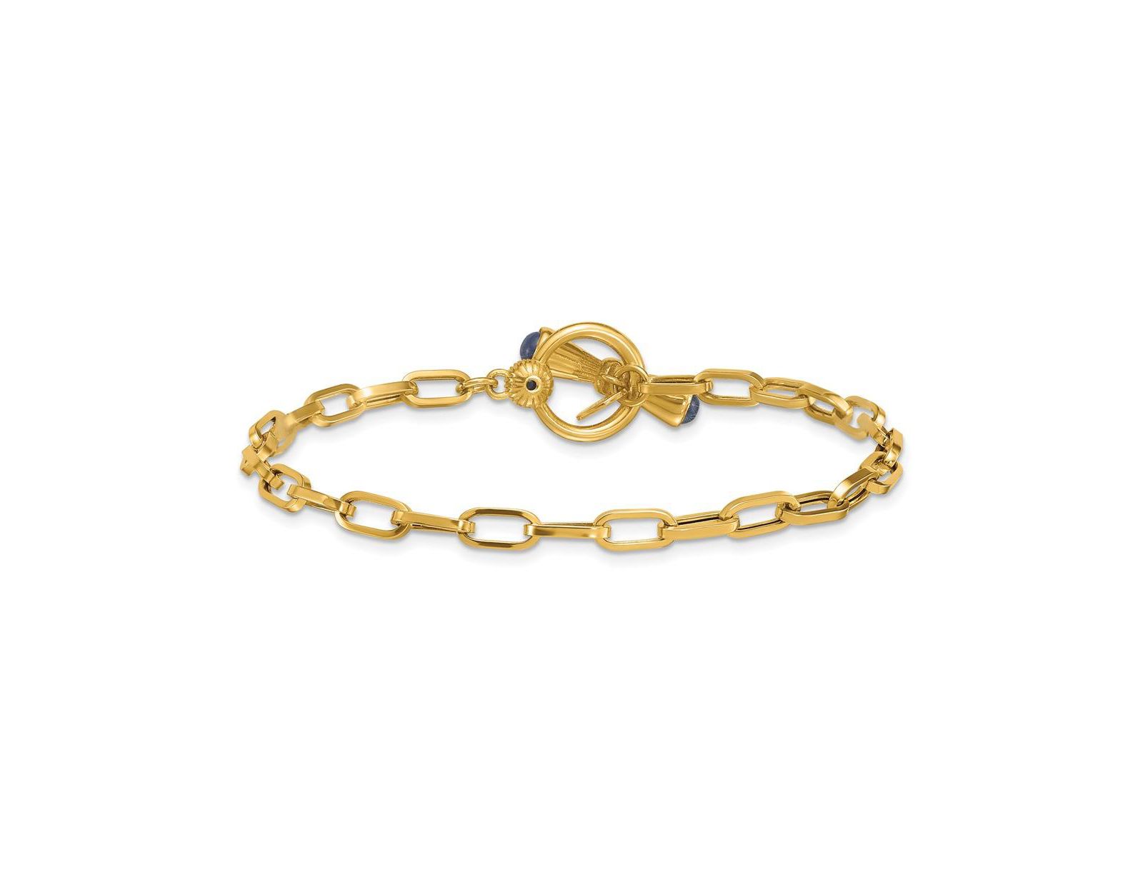 Curata Jewelry Solid 18k Yellow Gold Italian Paperclip Chain Sapphire Endcap Toggle Bracelet