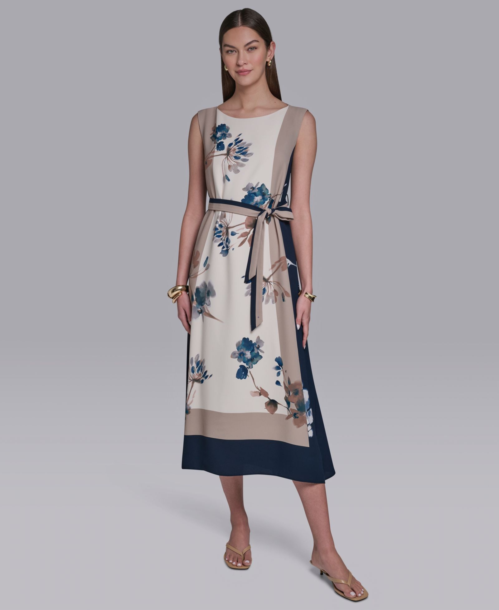 Женское платье Halston Sleeveless Self-Belt Floral Printed Midi