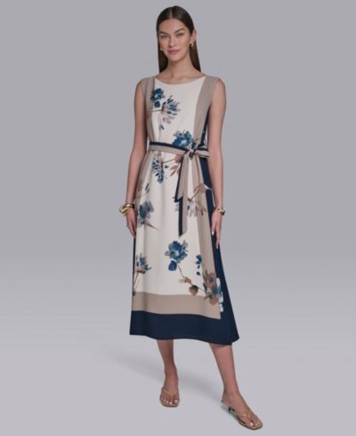 Halston Women's Sleeveless Self-Belt Floral Printed Midi Dress