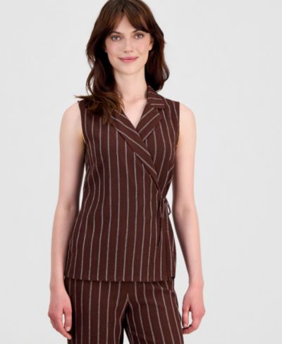 Anne Klein Women's Striped Textured-Knit Sleeveless Wrap Top, Regular & Petite