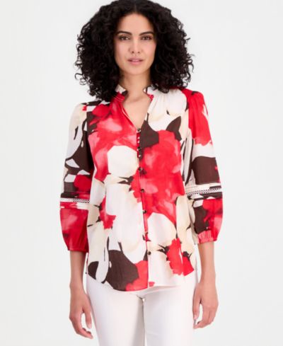 Anne Klein Women's Cotton Ruffled-Neck 3/4-Sleeve Blouse
