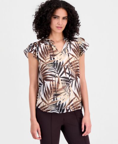 Anne Klein Women's Palm-Print Flutter-Sleeve Split-Neck Top