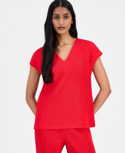 Женский топ Anne Klein с текстурированным V-образным вырезом и удлиненными плечами
