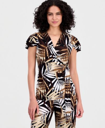 Anne Klein Women's Palm-Print Flutter-Sleeve Wrap Top