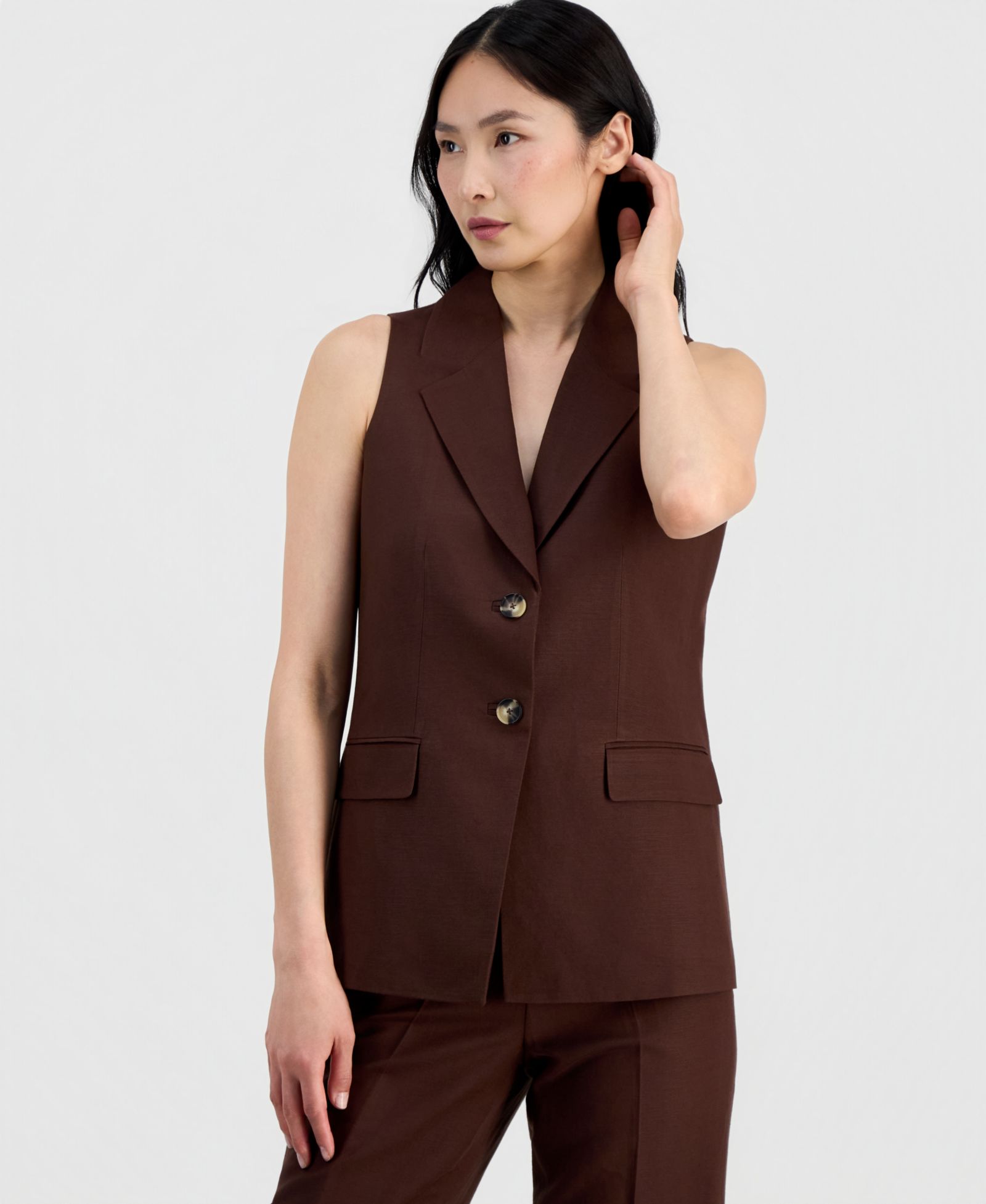 Anne Klein Women's Linen-Blend Two-Button Notch-Collar Vest, Regular & Petite