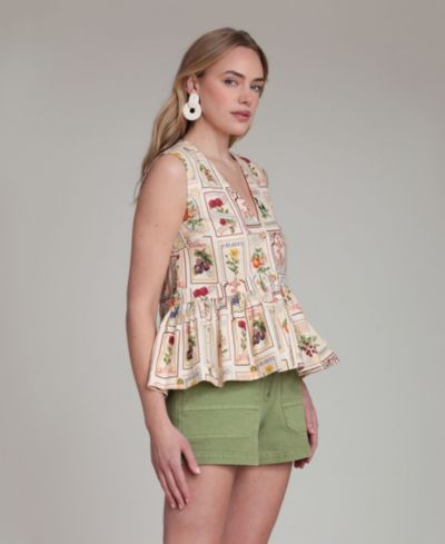 Avec Les Filles Women's Botanical-Print V-Neck Linen Blend Peplum Top