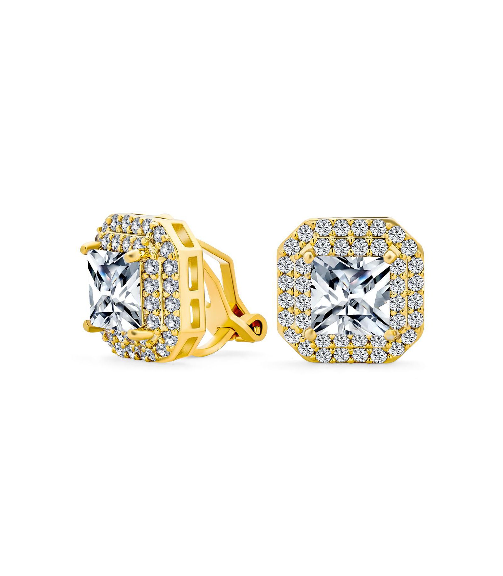 Bling Jewelry CZ Halo Princess Cut Cubic Zirconia Statement Stud Clip On Earrings Gold Plated