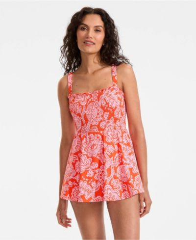Lands' End Womens Square Neck Smocked Mini Swim Dress