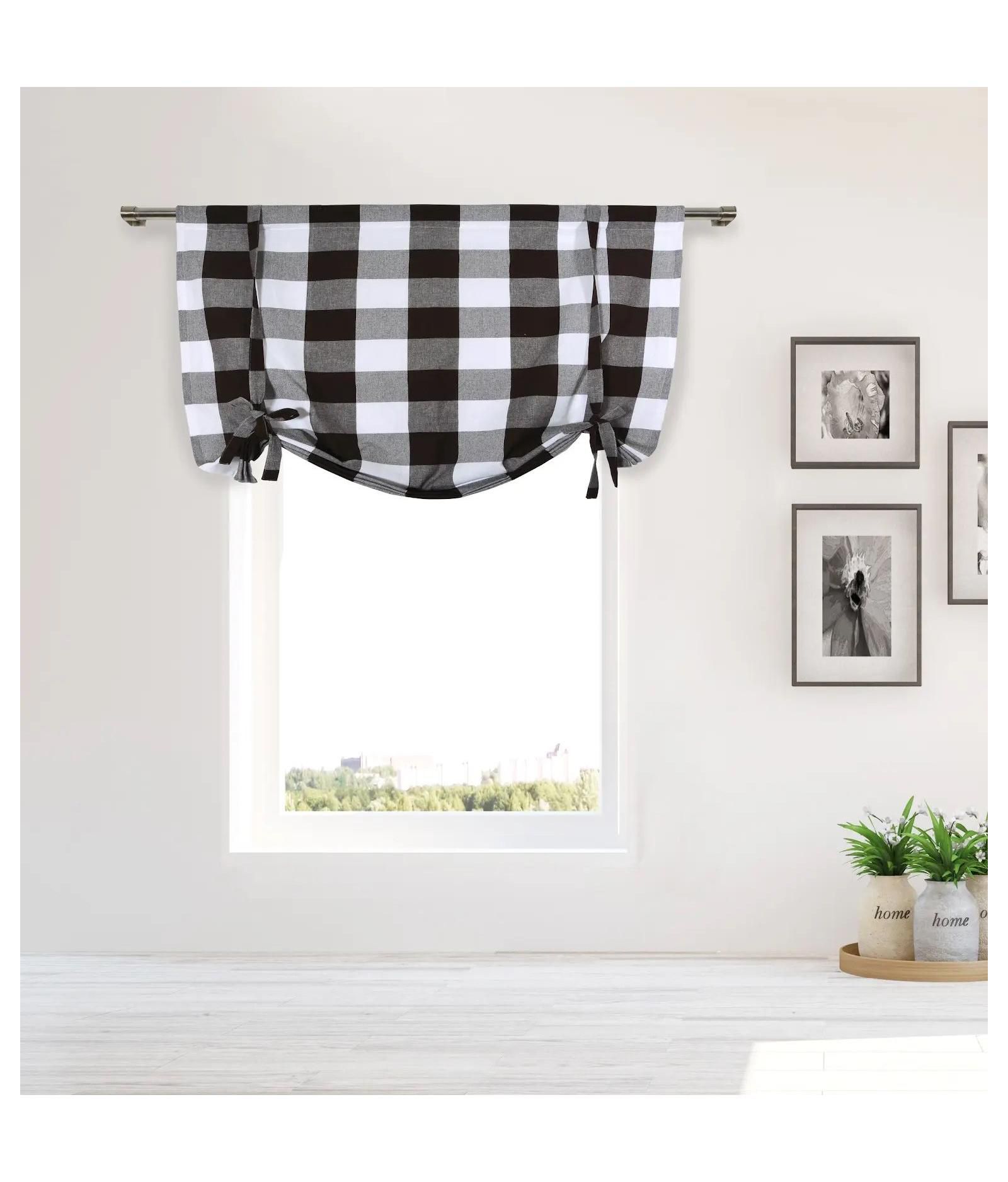 Kate Aurora Country Farmhouse Large Buffalo Plaid Tie Up Window Curtain With Ties