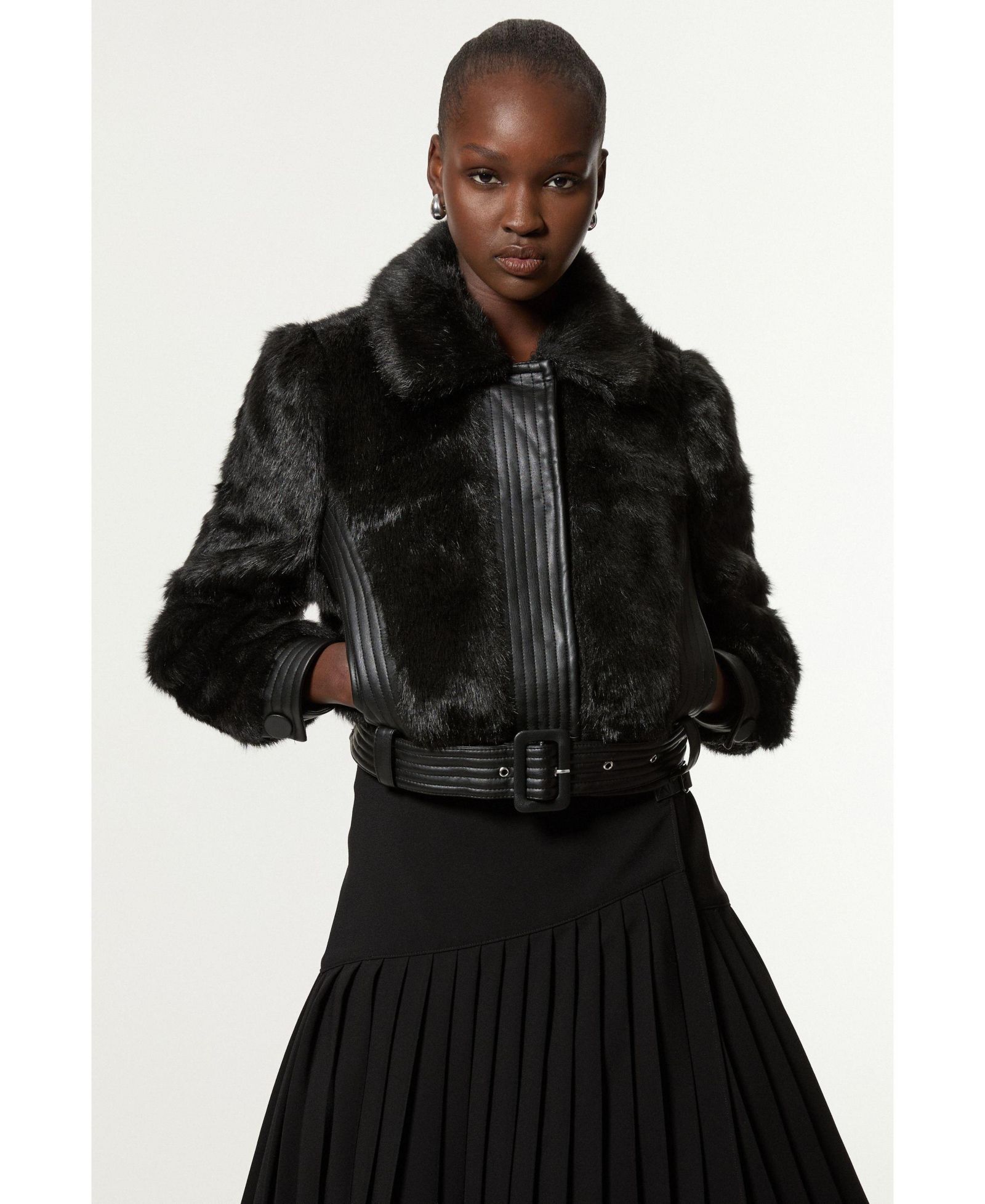 Karen Millen Women's Faux Fur Pu Panel Belted Cropped Jacket