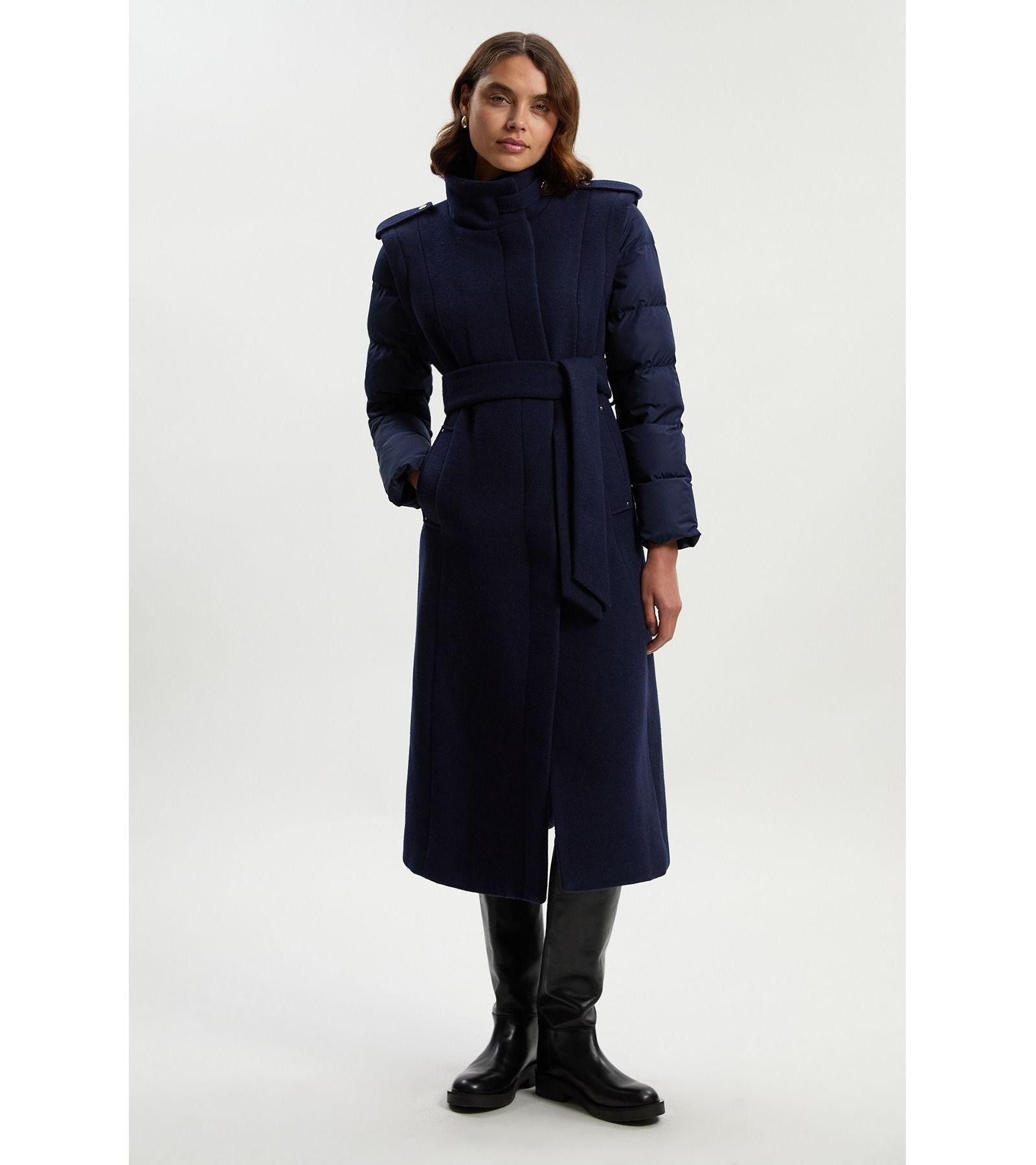 Karen Millen Women's Wool High Neck Puffer Belted Midi Coat