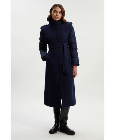 Karen Millen Women's Wool High Neck Puffer Belted Midi Coat