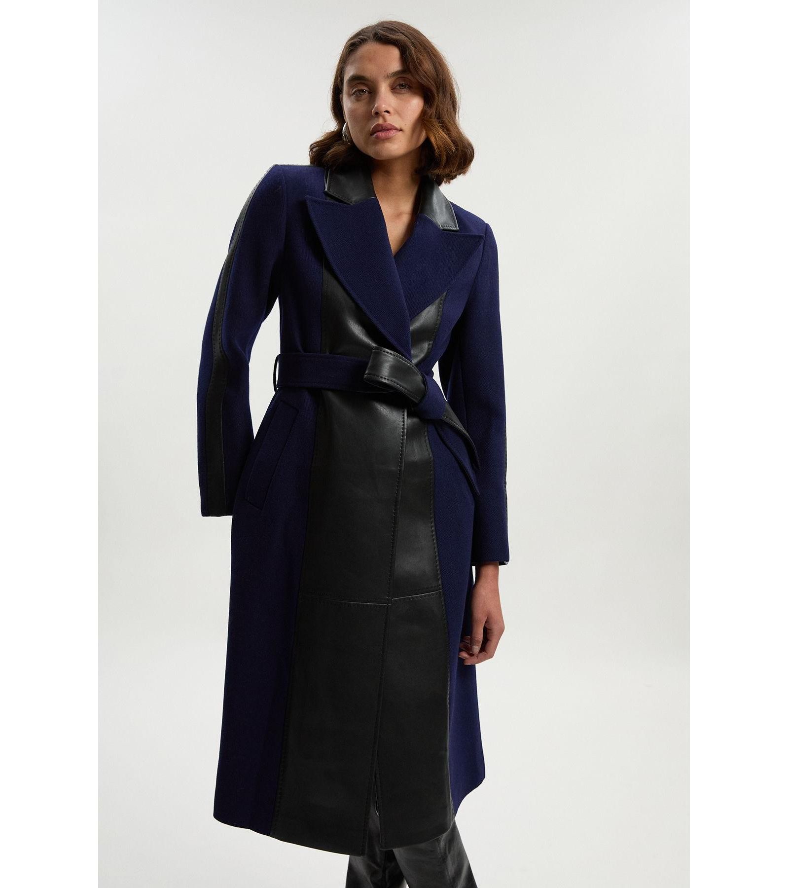 Karen Millen Women's Wool Pu Mix Belted Midi Coat