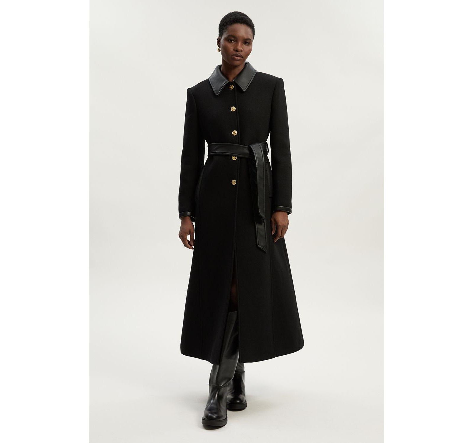 Karen Millen Women's Wool Pu Mix Belted Tailored Maxi Coat