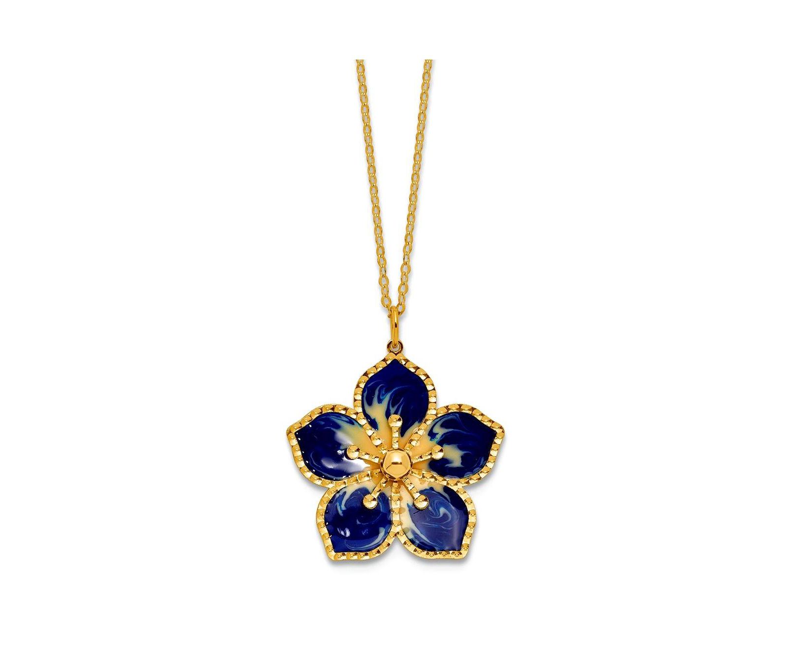 Curata Jewelry 14K Yellow Gold 18 Inch Italian Navy Enamel Textured Plumeria Necklace