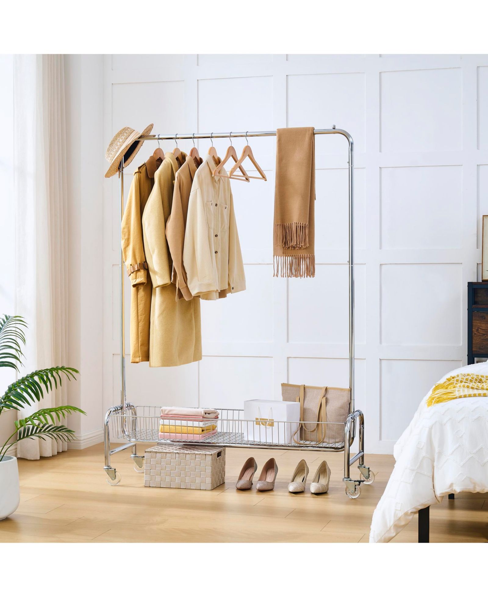 RAINSKEN Heavy Duty Garment Rack, Portable Closet Wardrobe Rack, Rolling Clothing Rack with Wheels and Storage Basket for Hanging Clothes